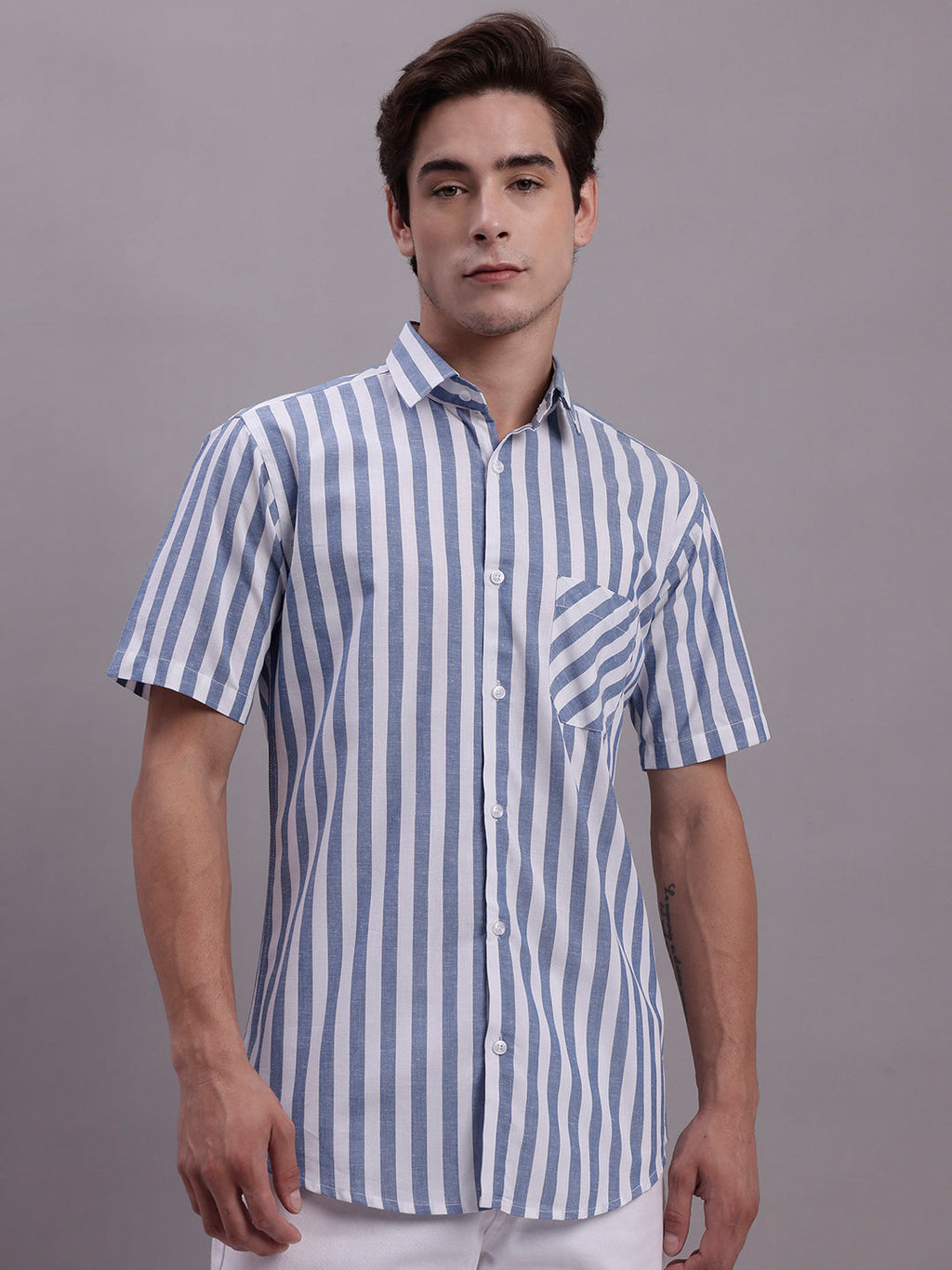 Jainish Men's Blue Vertical Striped Half Sleeve Casual Shirt | Grocsy