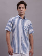 Jainish Men's Blue Vertical Striped Half Sleeve Casual Shirt | Grocsy
