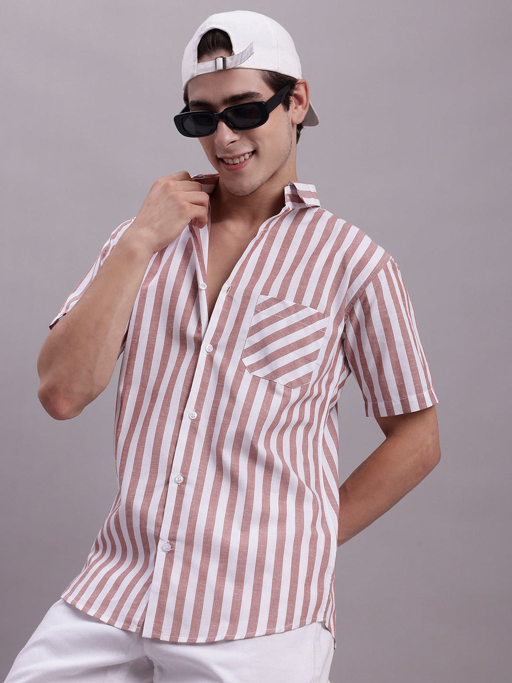 Jainish Men's Red Vertical Striped Half Sleeve Casual Shirt | Grocsy