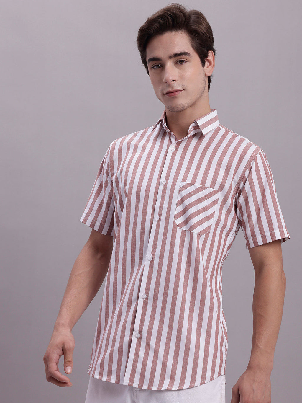 Jainish Men's Red Vertical Striped Half Sleeve Casual Shirt | Grocsy