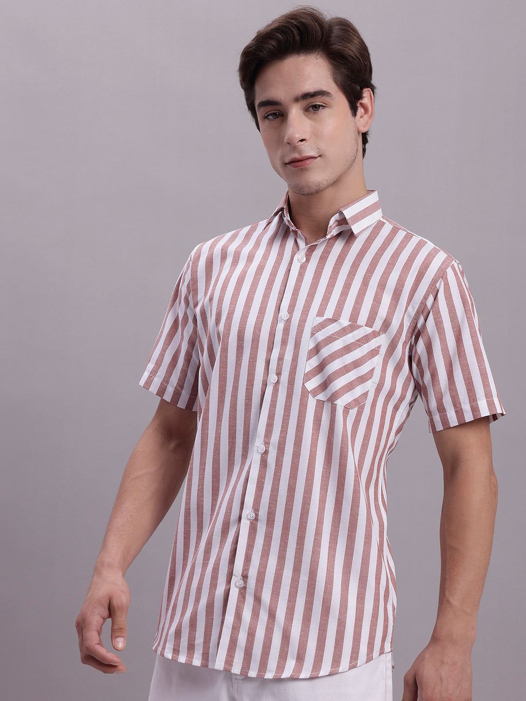 Jainish Men's Red Vertical Striped Half Sleeve Casual Shirt | Grocsy