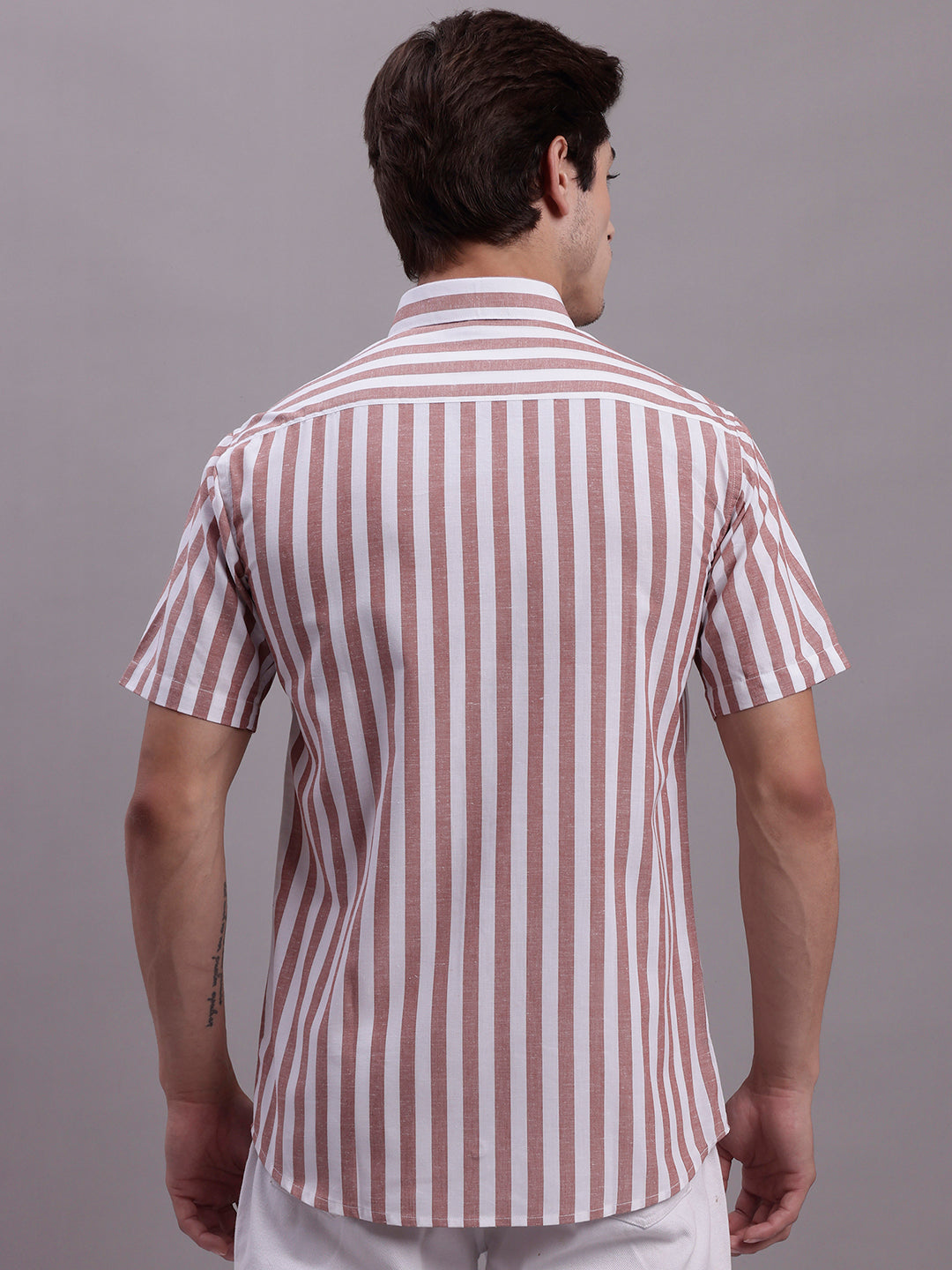 Jainish Men's Red Vertical Striped Half Sleeve Casual Shirt | Grocsy