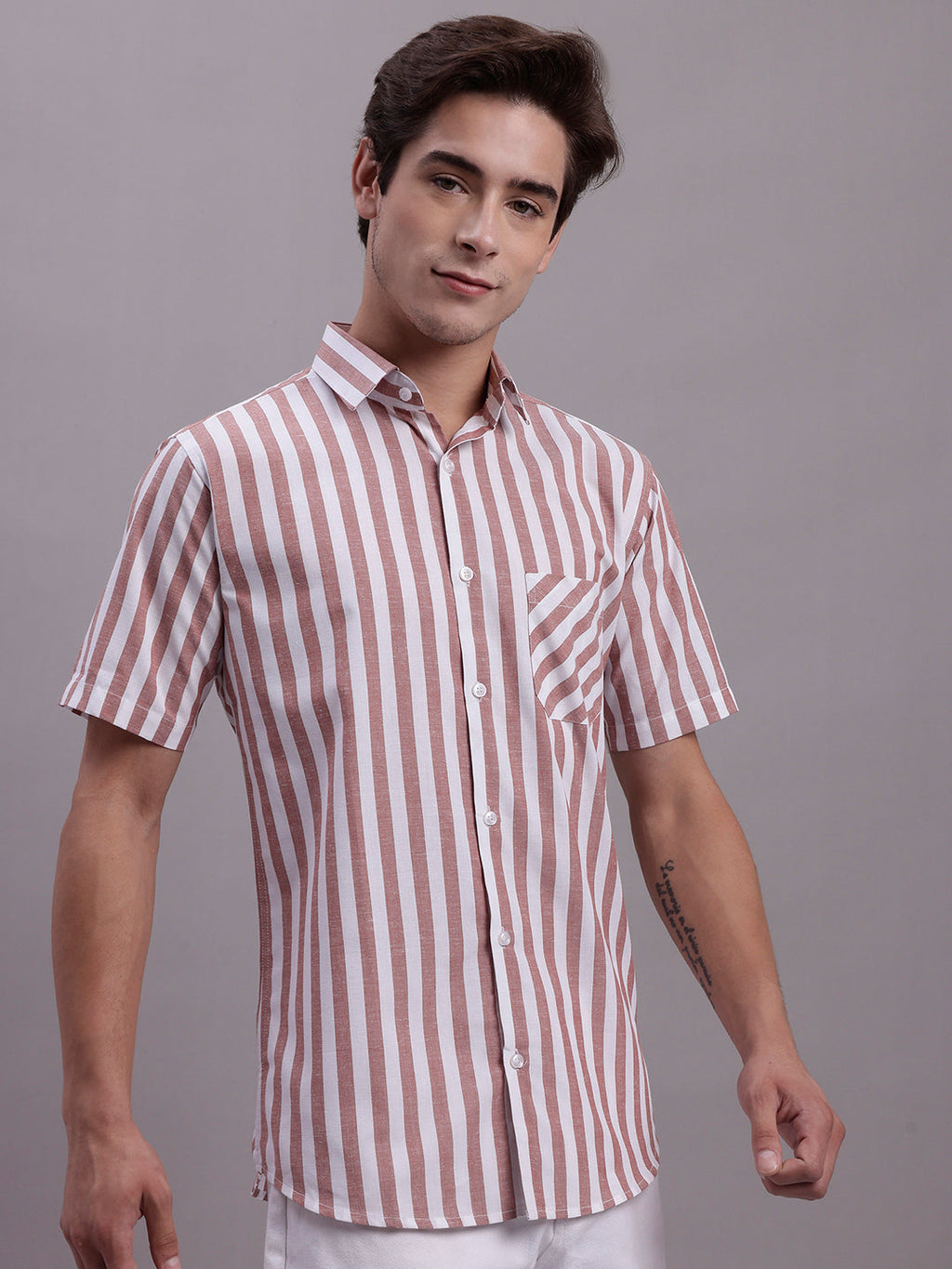 Jainish Men's Red Vertical Striped Half Sleeve Casual Shirt | Grocsy