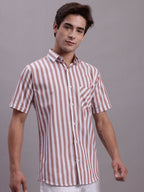 Jainish Men's Red Vertical Striped Half Sleeve Casual Shirt | Grocsy