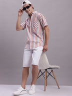 Jainish Men's Red Vertical Striped Half Sleeve Casual Shirt | Grocsy