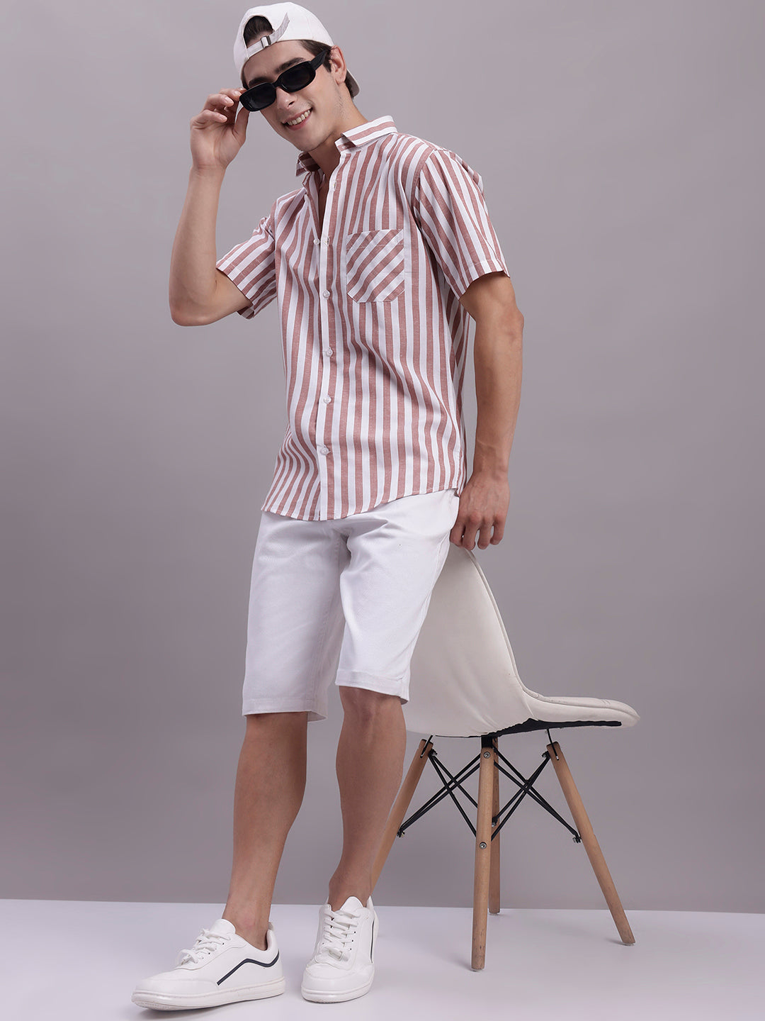Jainish Men's Red Vertical Striped Half Sleeve Casual Shirt | Grocsy