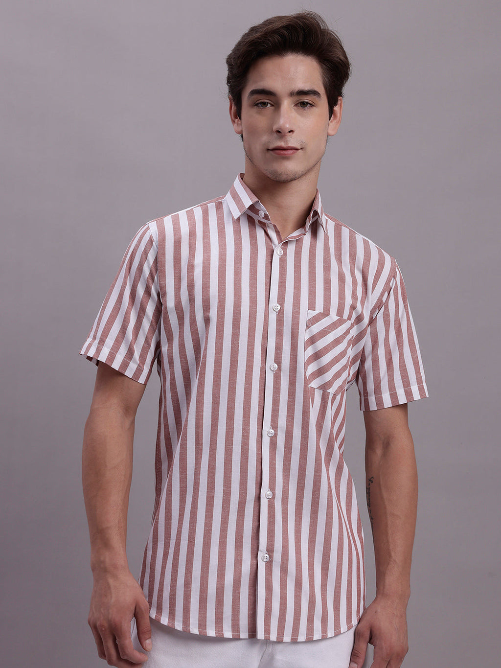 Jainish Men's Red Vertical Striped Half Sleeve Casual Shirt | Grocsy