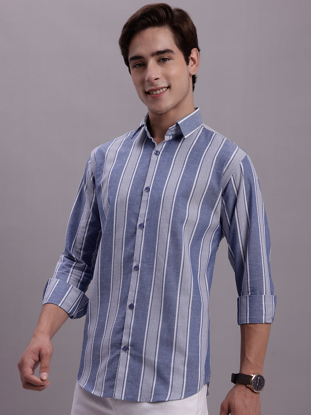 Jainish Men's Striped Casual Shirt - Blue | Grocsy