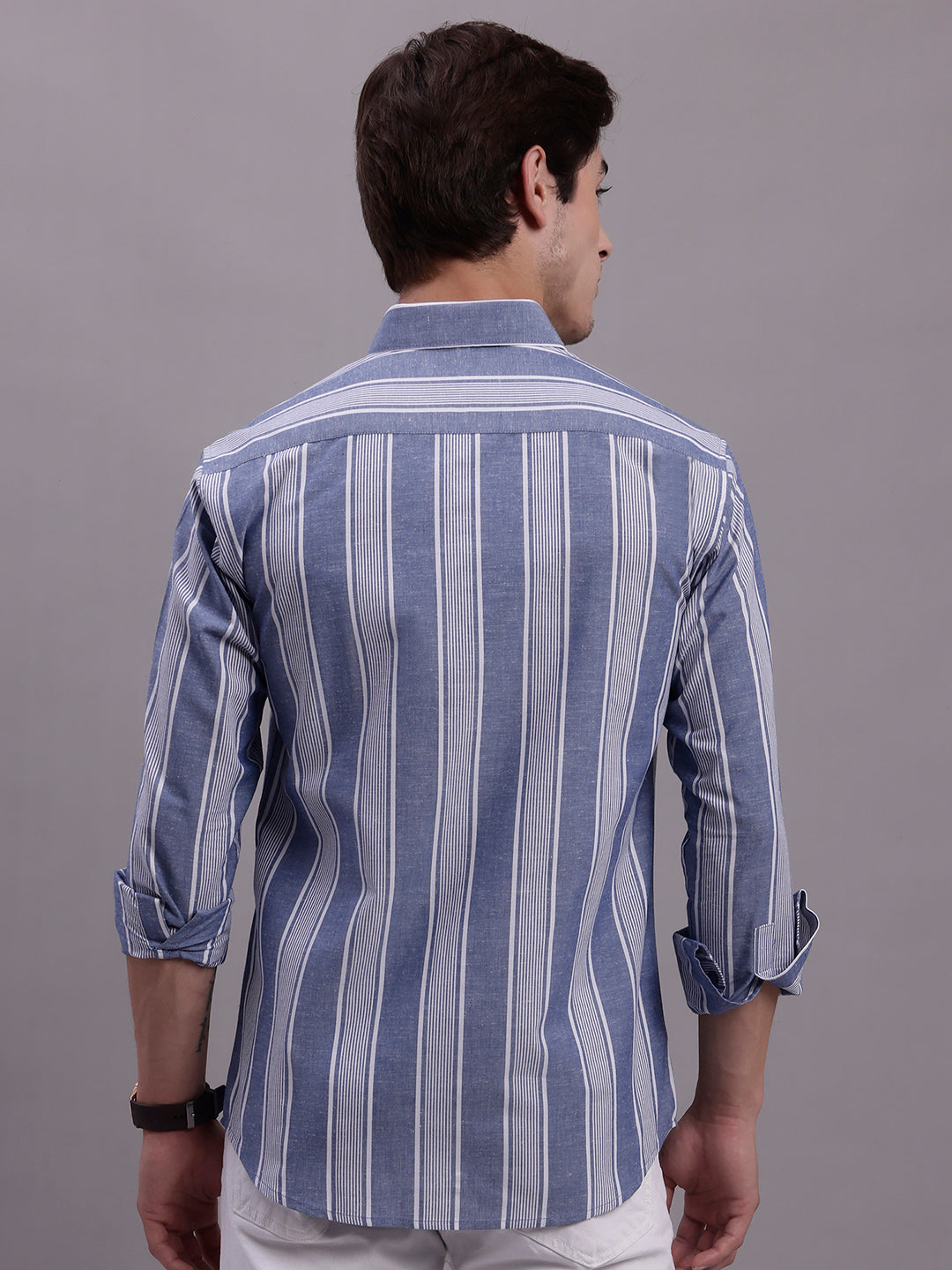 Jainish Men's Striped Casual Shirt - Blue | Grocsy