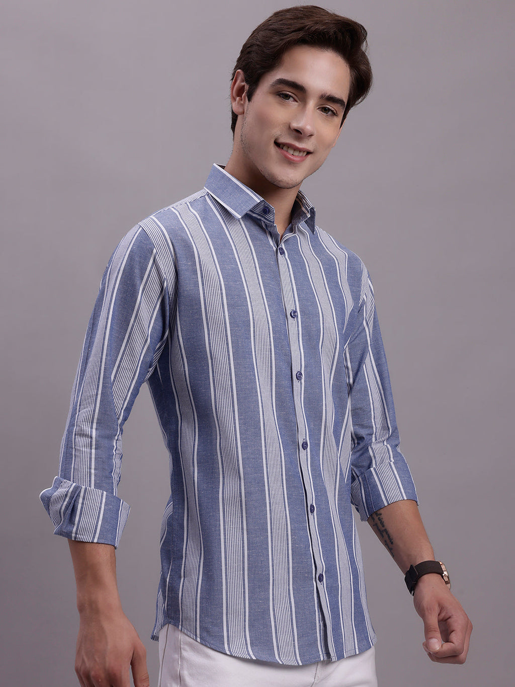 Jainish Men's Striped Casual Shirt - Blue | Grocsy