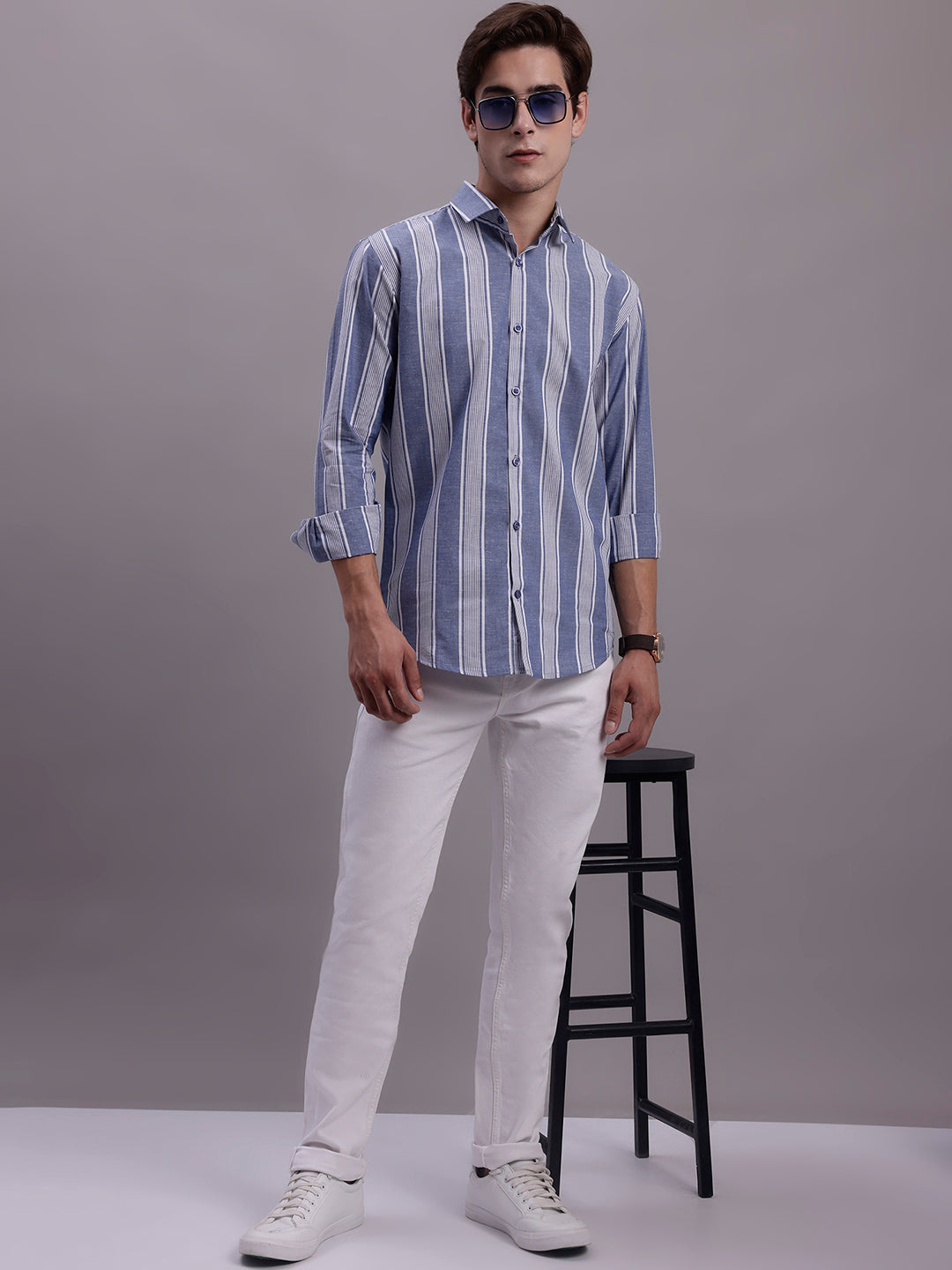 Jainish Men's Striped Casual Shirt - Blue | Grocsy