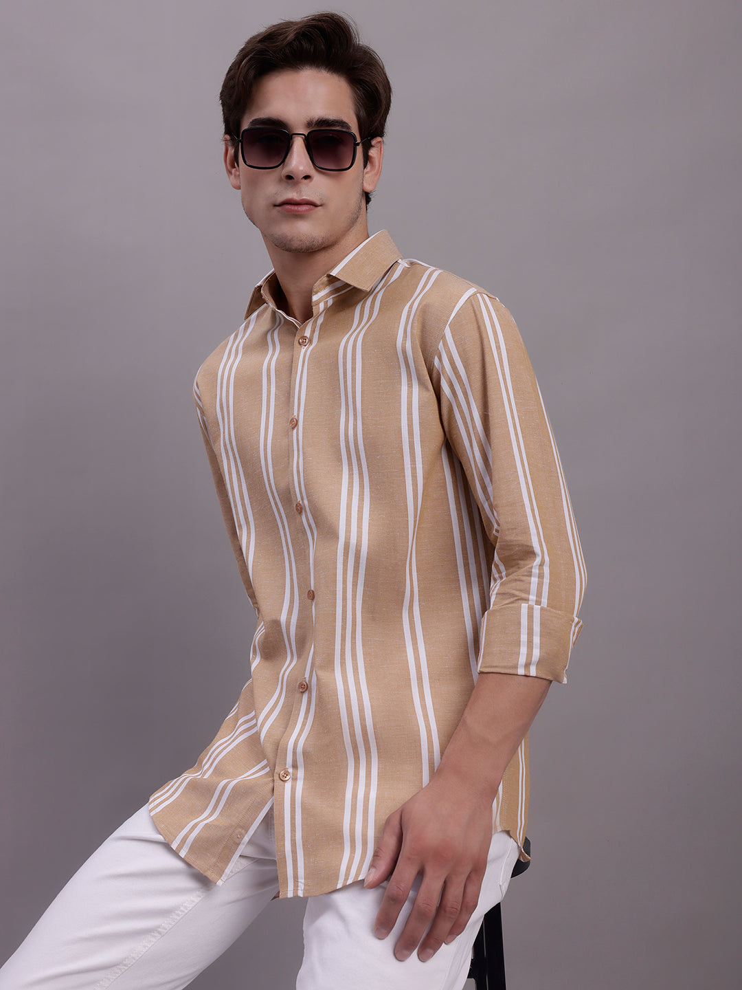 Jainish Men's Striped Casual Shirt - Brown | Grocsy