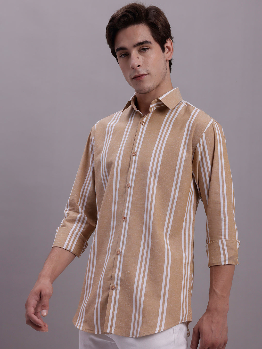Jainish Men's Striped Casual Shirt - Brown | Grocsy