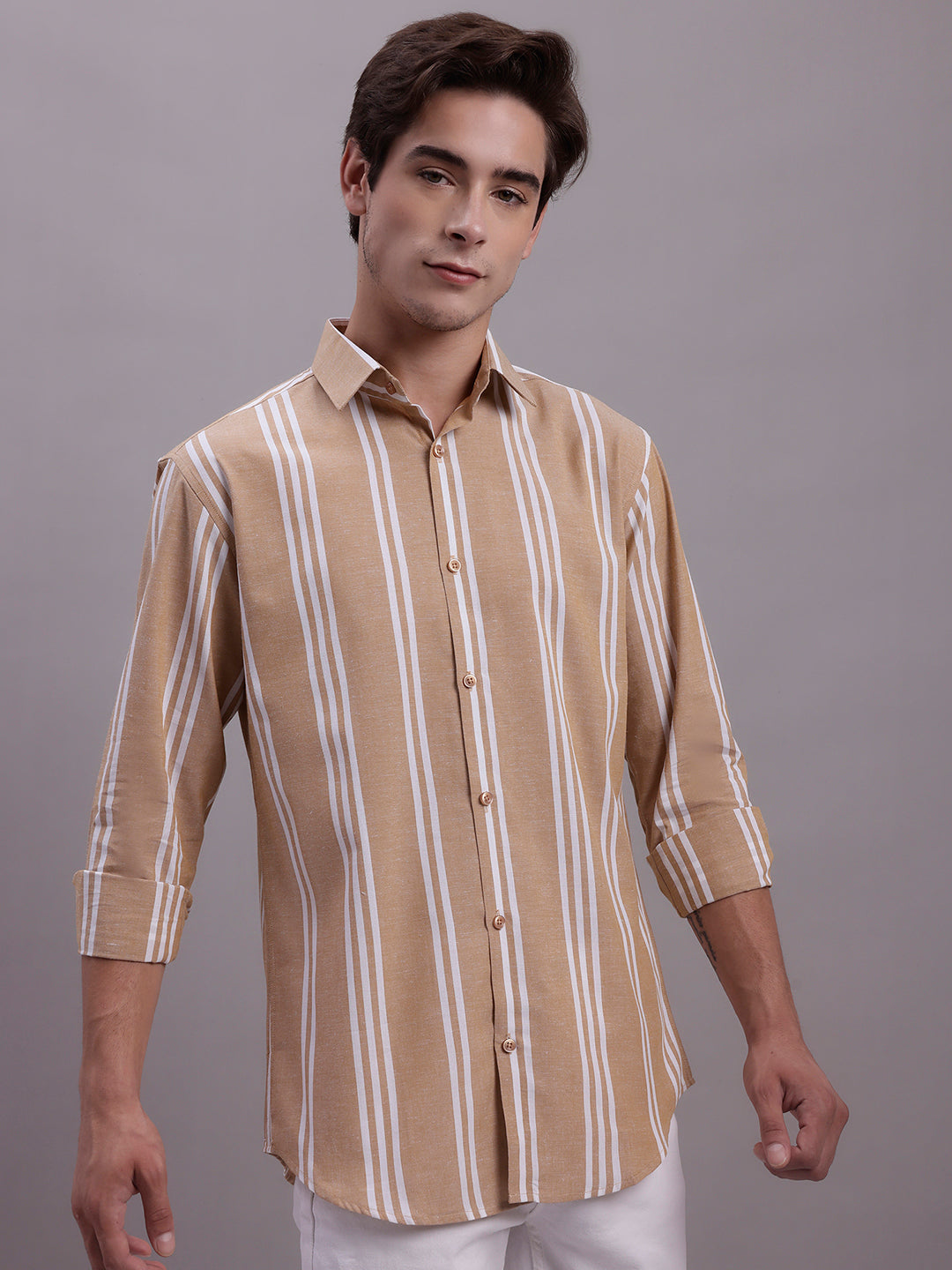 Jainish Men's Striped Casual Shirt - Brown | Grocsy