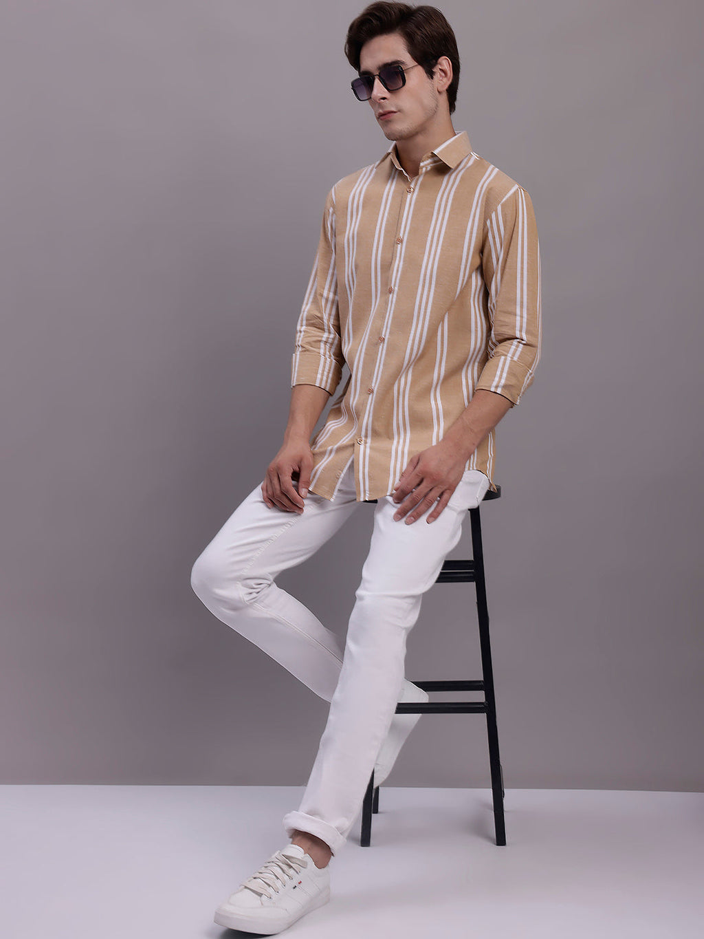 Jainish Men's Striped Casual Shirt - Brown | Grocsy