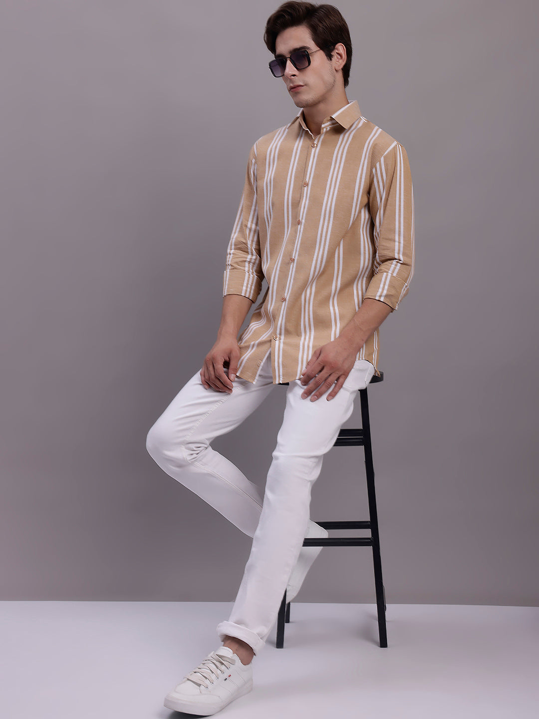 Jainish Men's Striped Casual Shirt - Brown | Grocsy