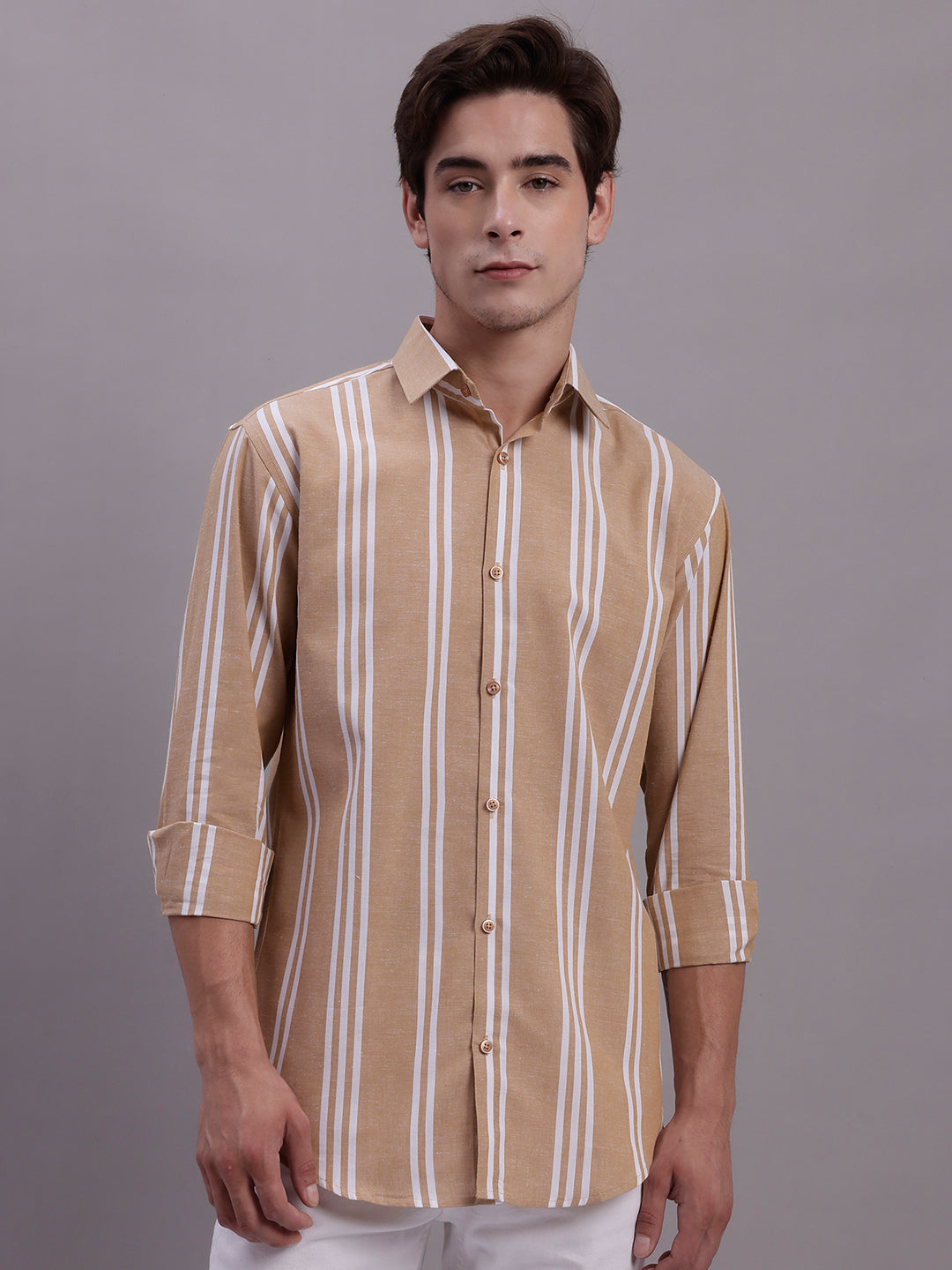Jainish Men's Striped Casual Shirt - Brown | Grocsy