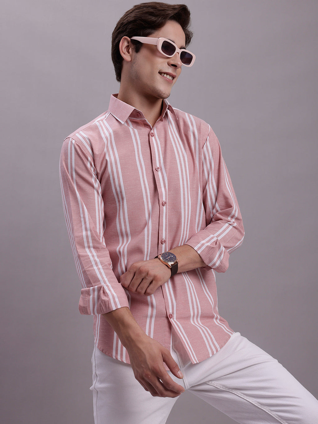 Jainish Men's Striped Casual Shirt - Coral | Grocsy