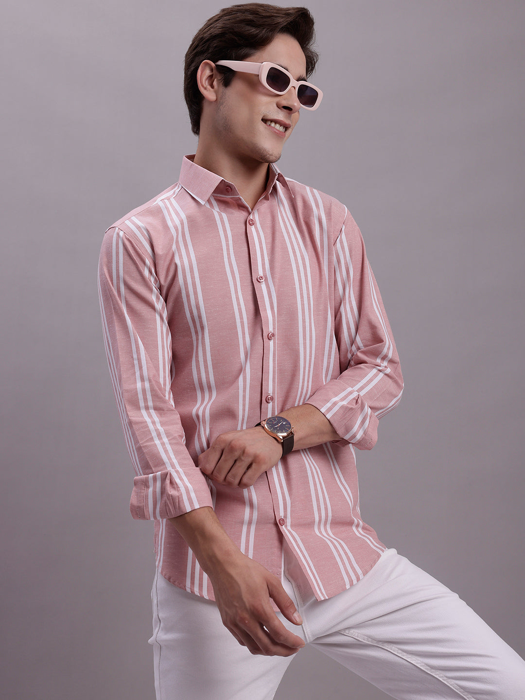 Jainish Men's Striped Casual Shirt - Coral | Grocsy