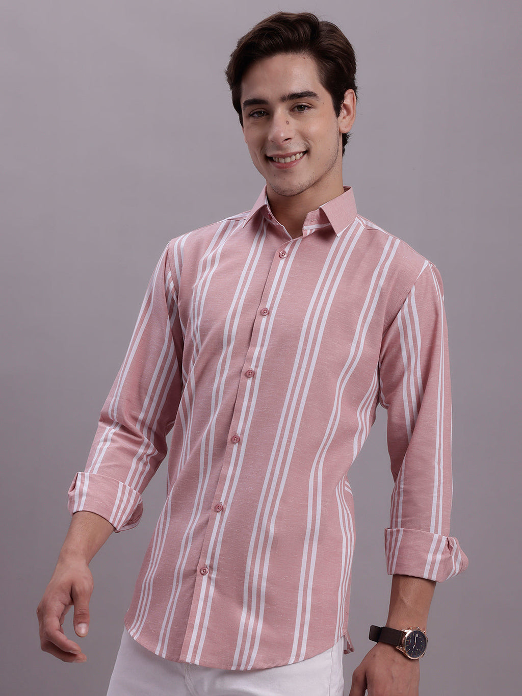 Jainish Men's Striped Casual Shirt - Coral | Grocsy