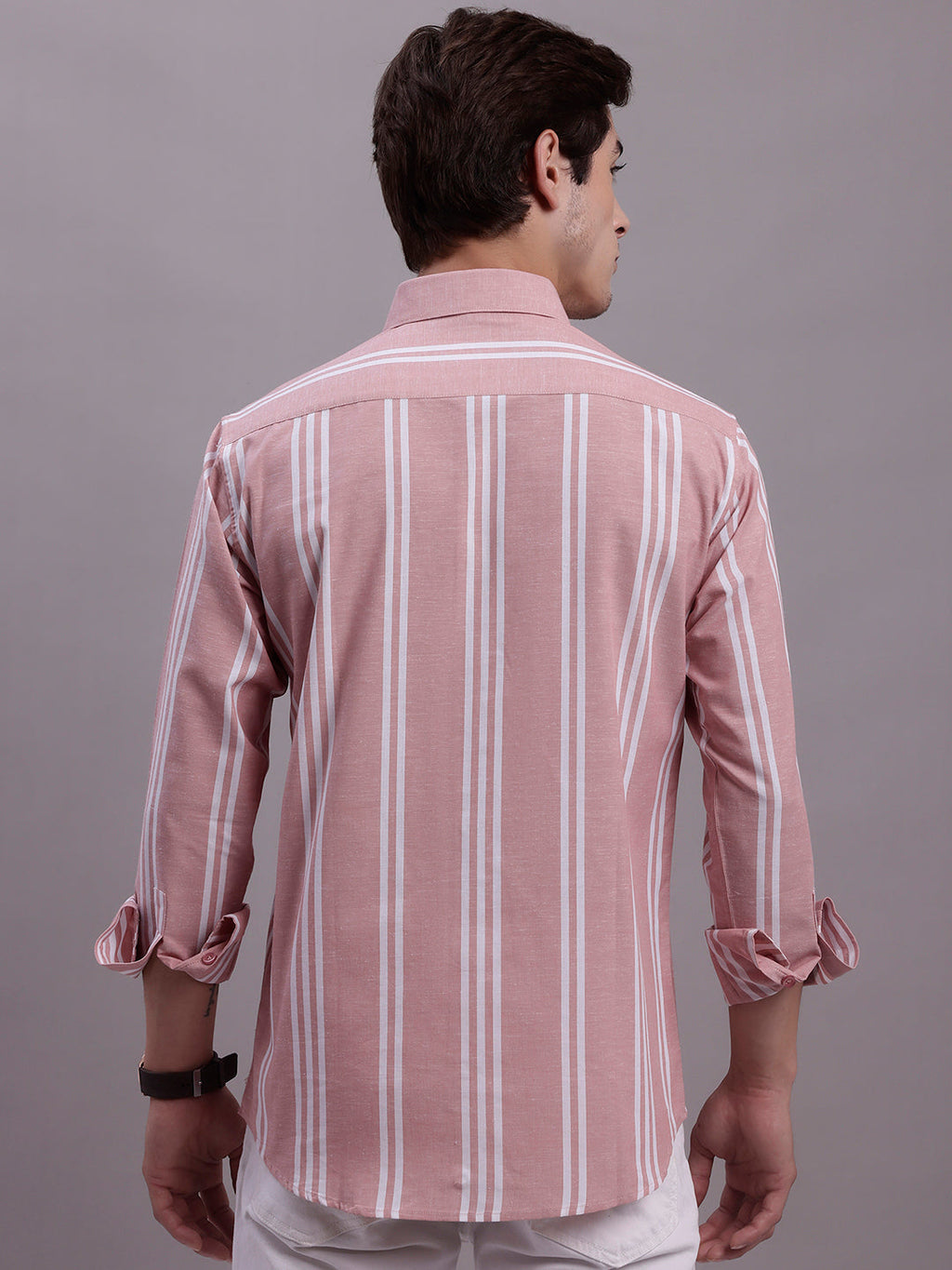 Jainish Men's Striped Casual Shirt - Coral | Grocsy