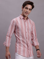 Jainish Men's Striped Casual Shirt - Coral | Grocsy