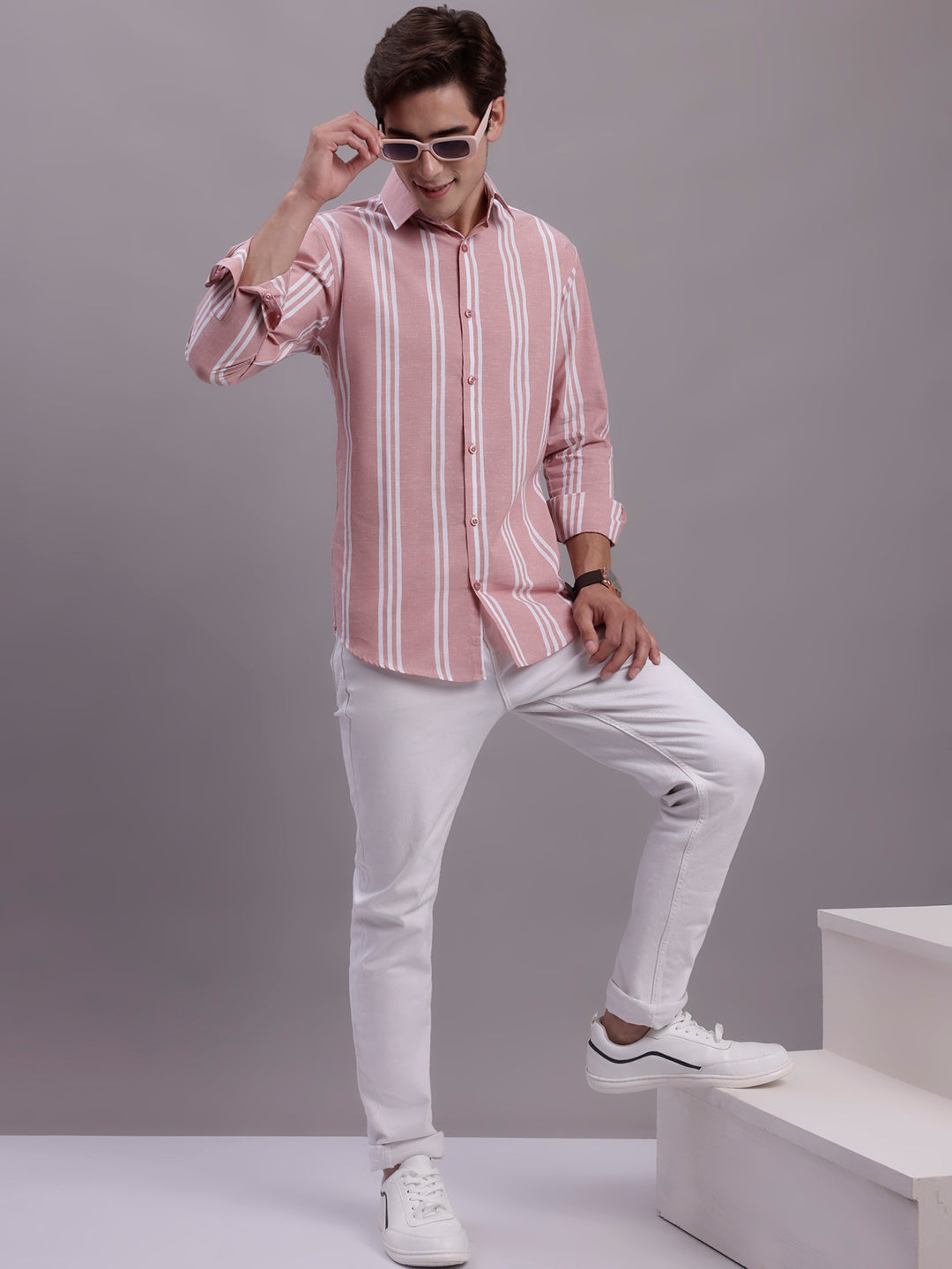 Jainish Men's Striped Casual Shirt - Coral | Grocsy