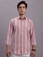 Jainish Men's Striped Casual Shirt - Coral | Grocsy