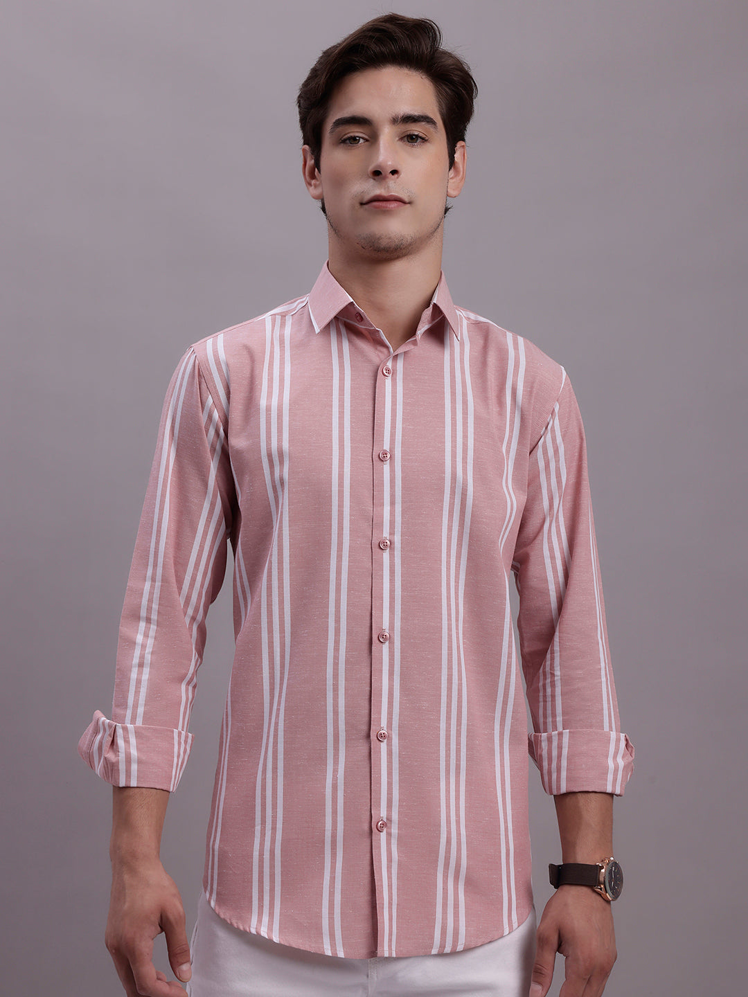 Jainish Men's Striped Casual Shirt - Coral | Grocsy