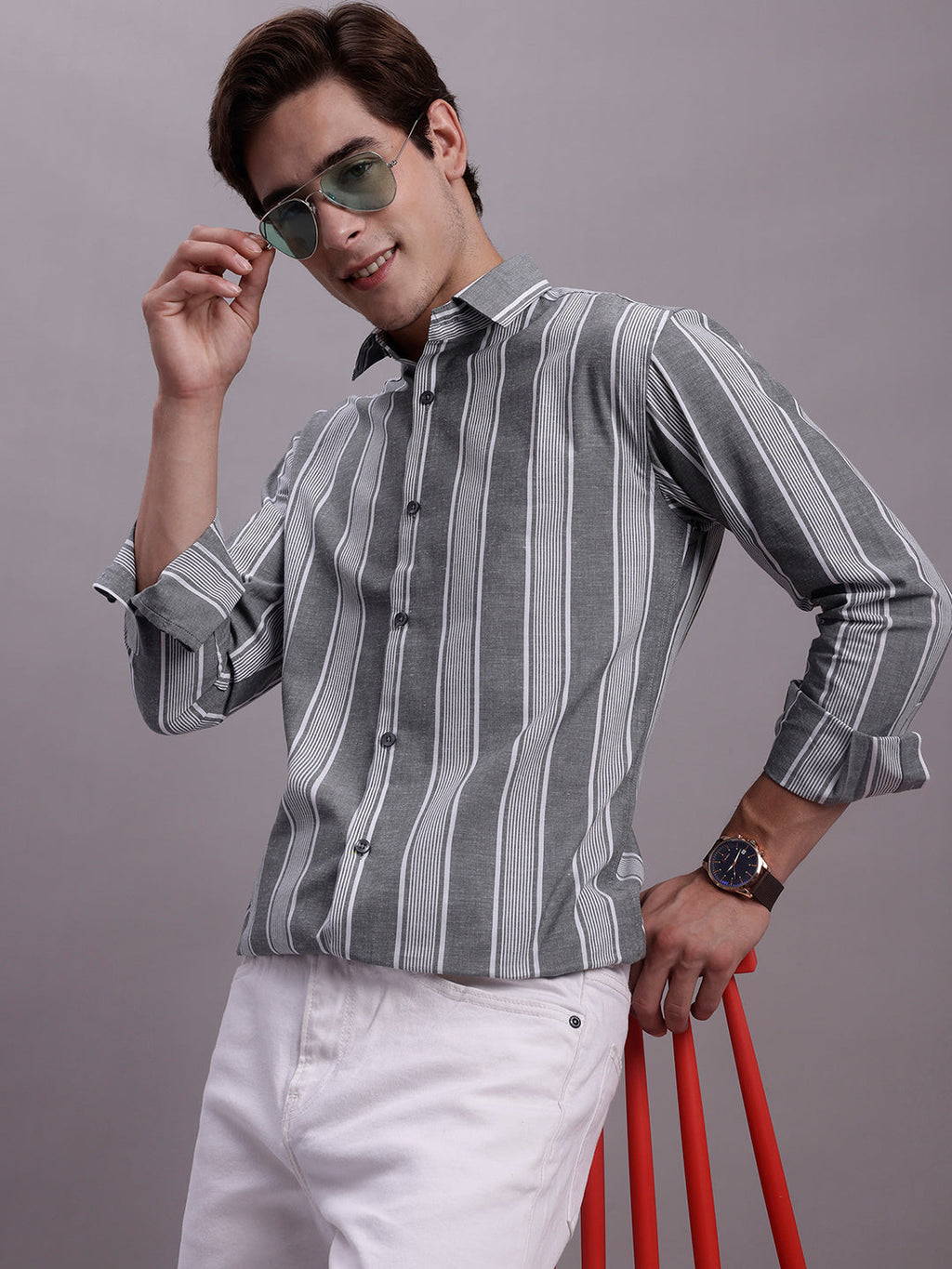 Jainish Men's Striped Casual Shirt - Grey | Grocsy