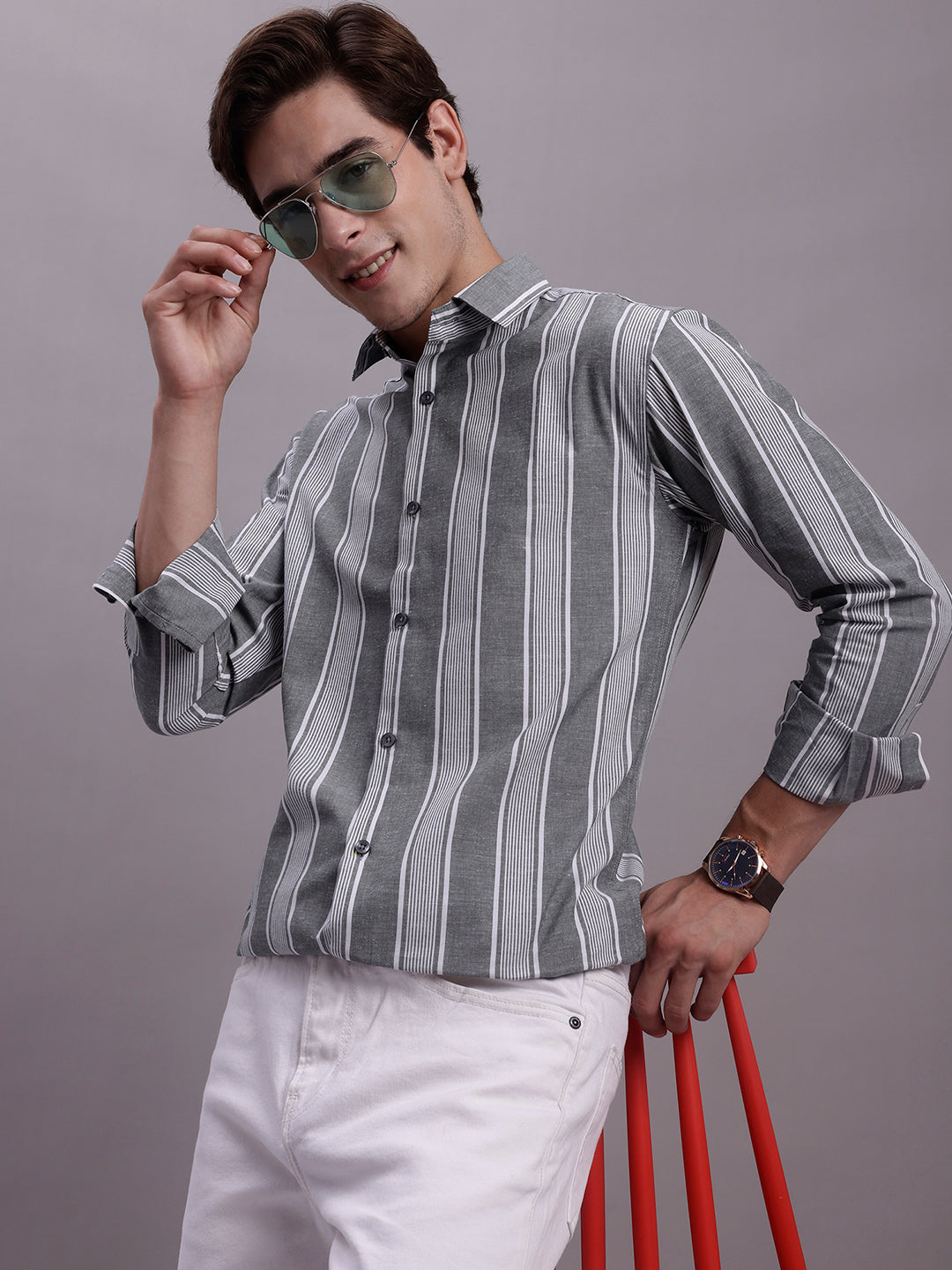 Jainish Men's Striped Casual Shirt - Grey | Grocsy