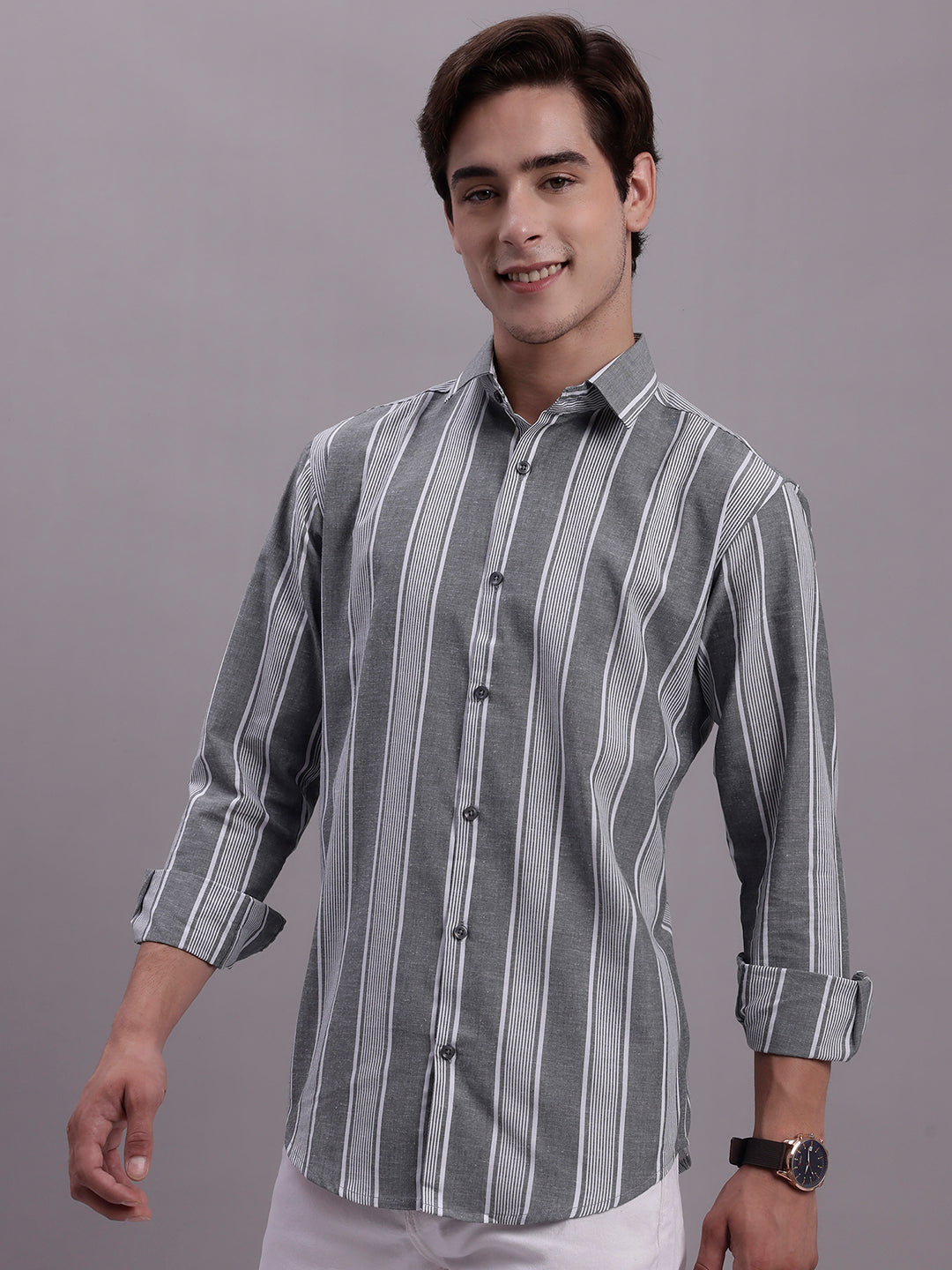 Jainish Men's Striped Casual Shirt - Grey | Grocsy