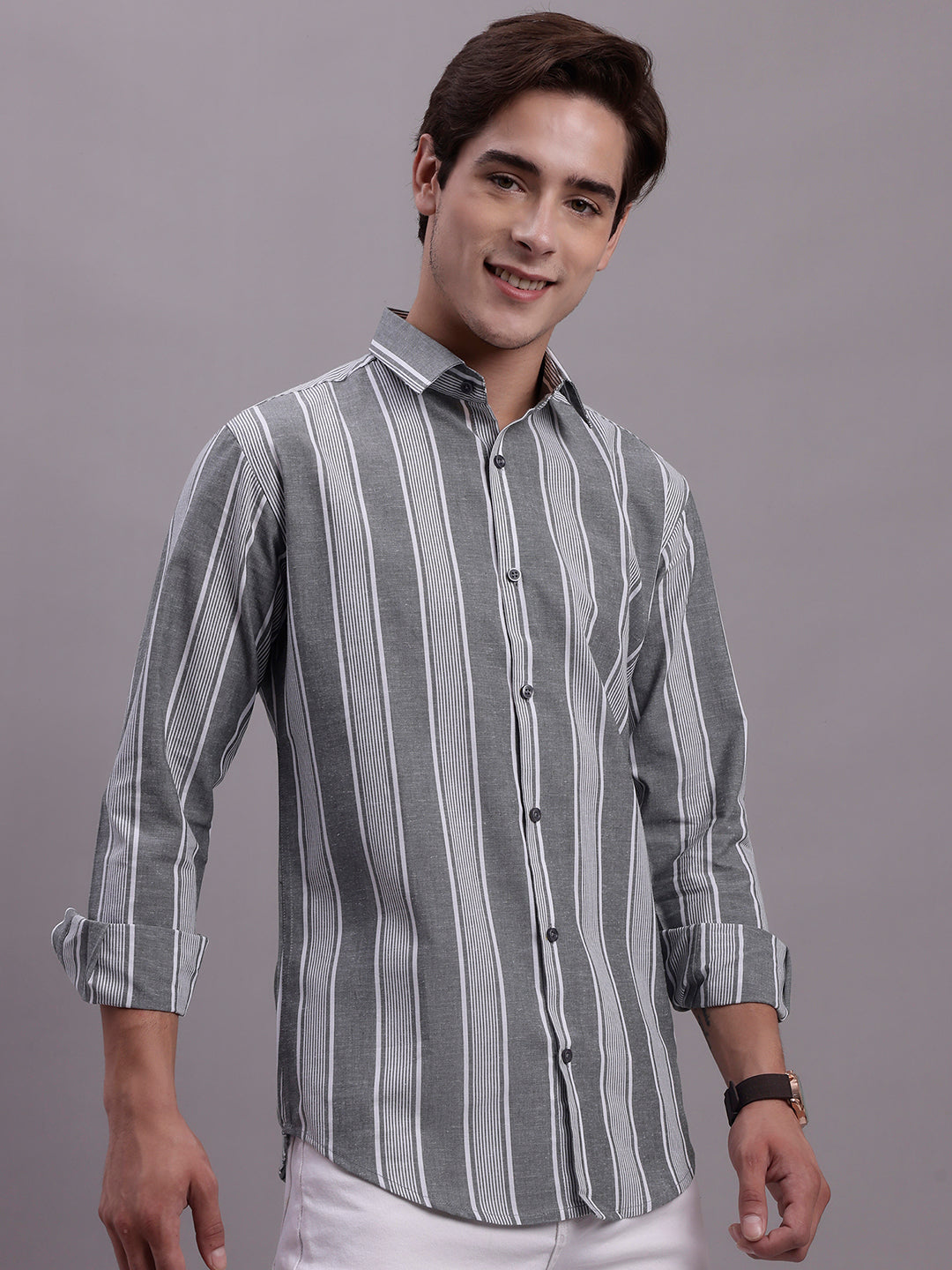 Jainish Men's Striped Casual Shirt - Grey | Grocsy