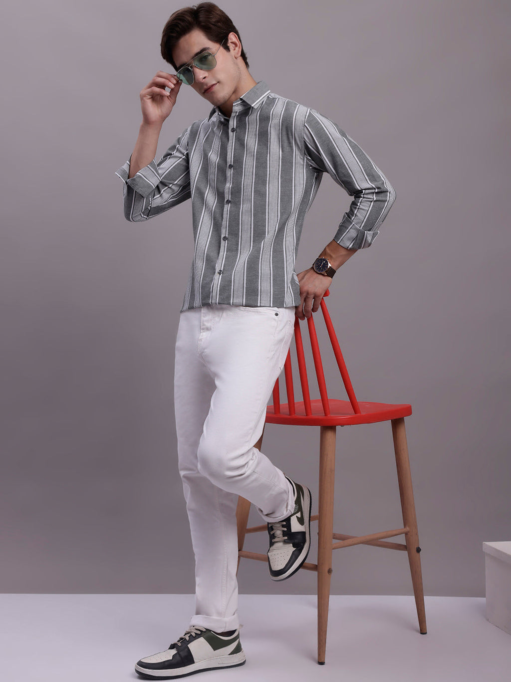 Jainish Men's Striped Casual Shirt - Grey | Grocsy