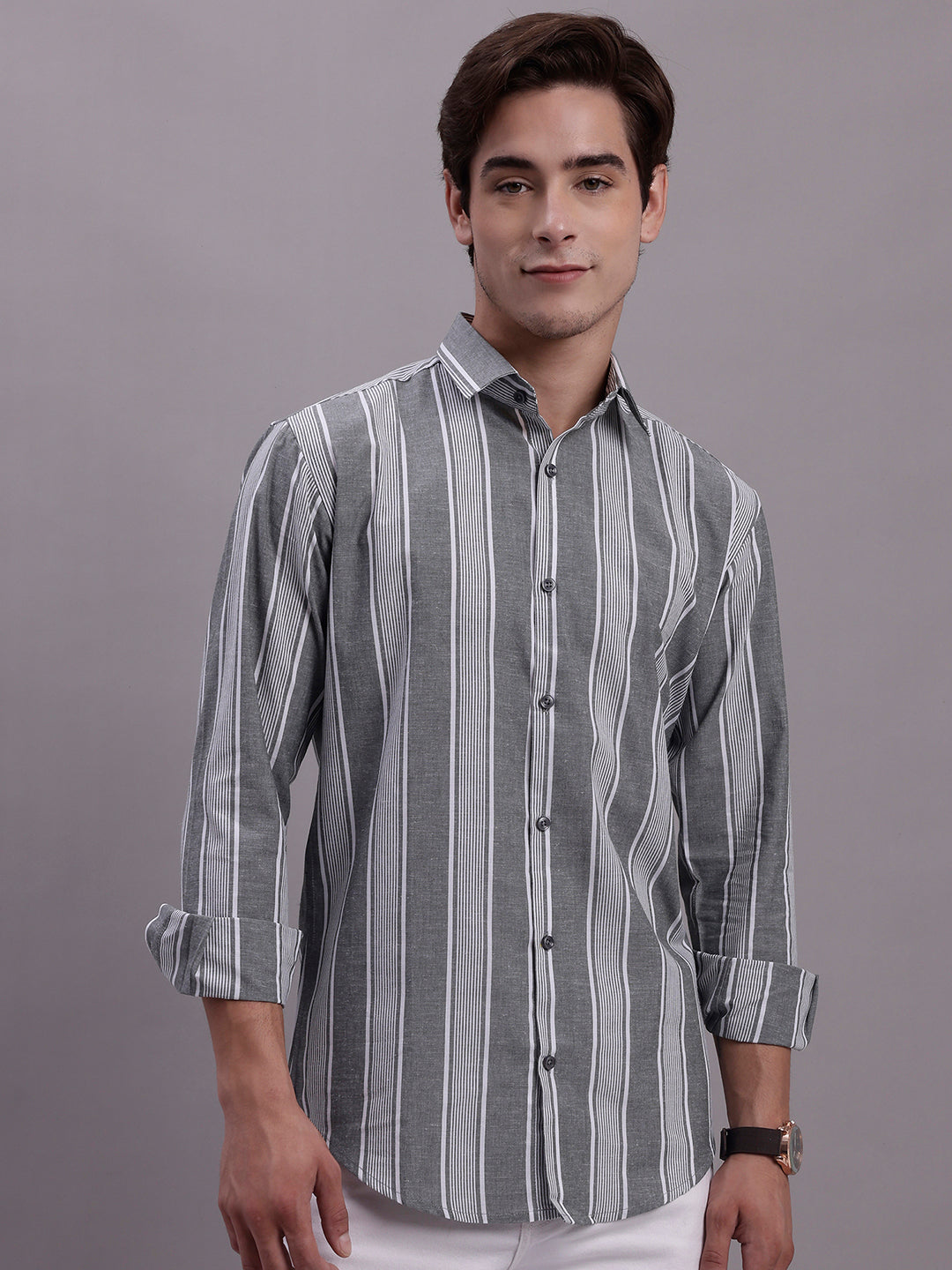 Jainish Men's Striped Casual Shirt - Grey | Grocsy