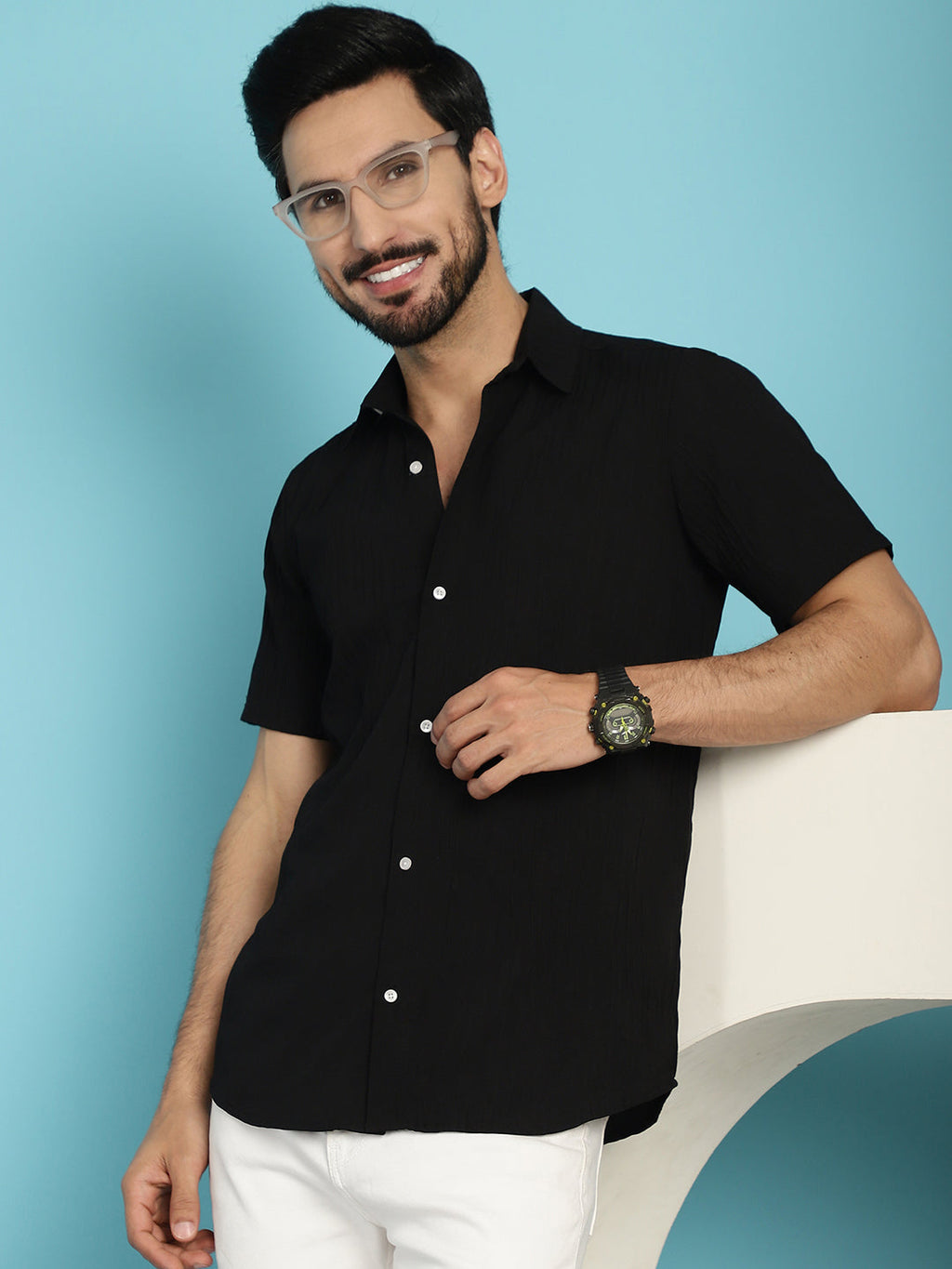 Indian Needle Men's Striped Casual Shirt - Black | Grocsy