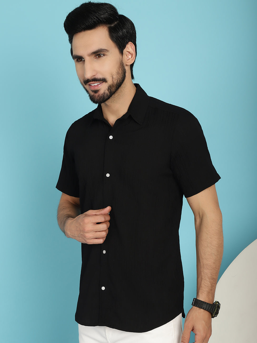 Indian Needle Men's Striped Casual Shirt - Black | Grocsy