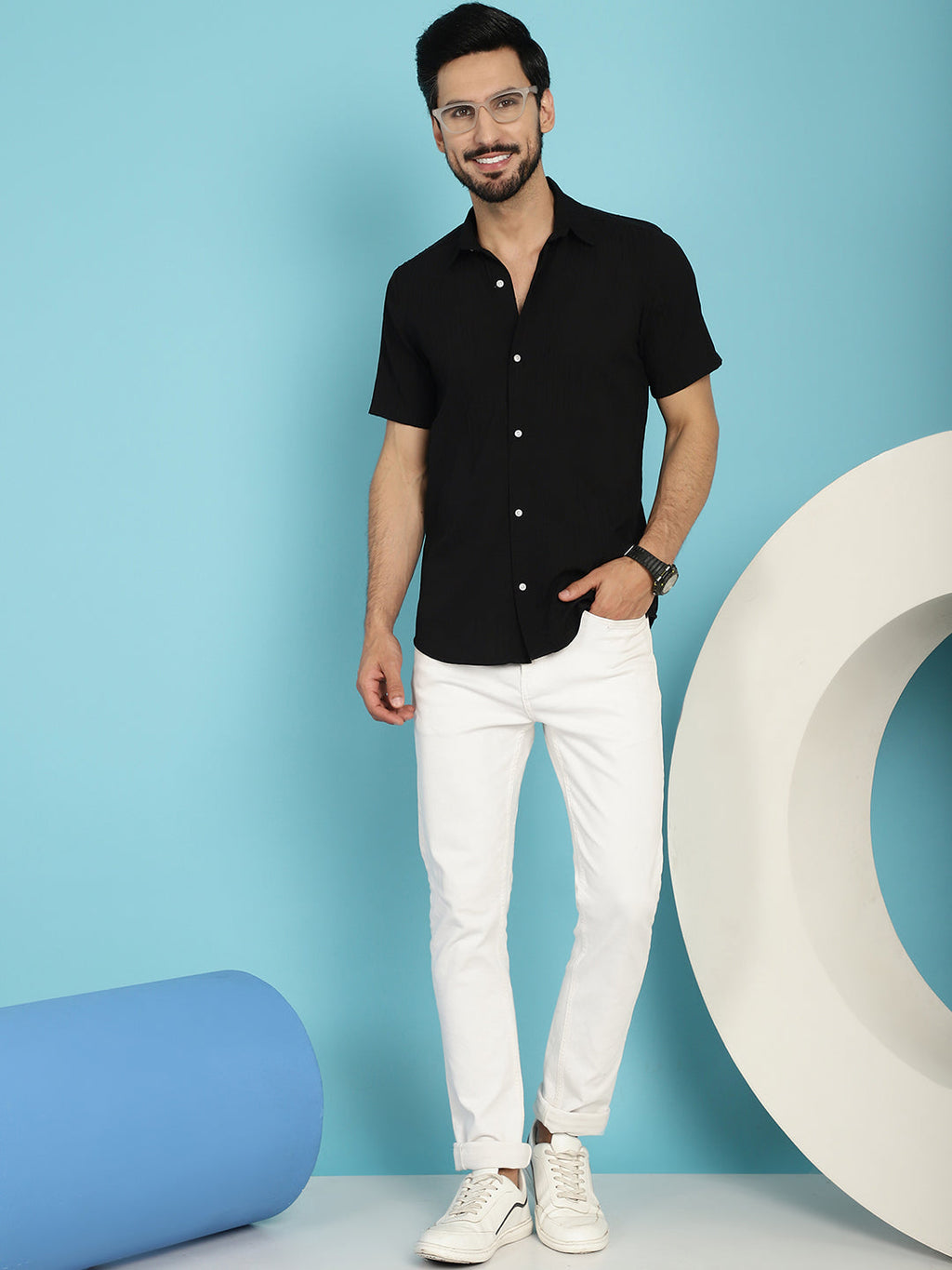 Indian Needle Men's Striped Casual Shirt - Black | Grocsy