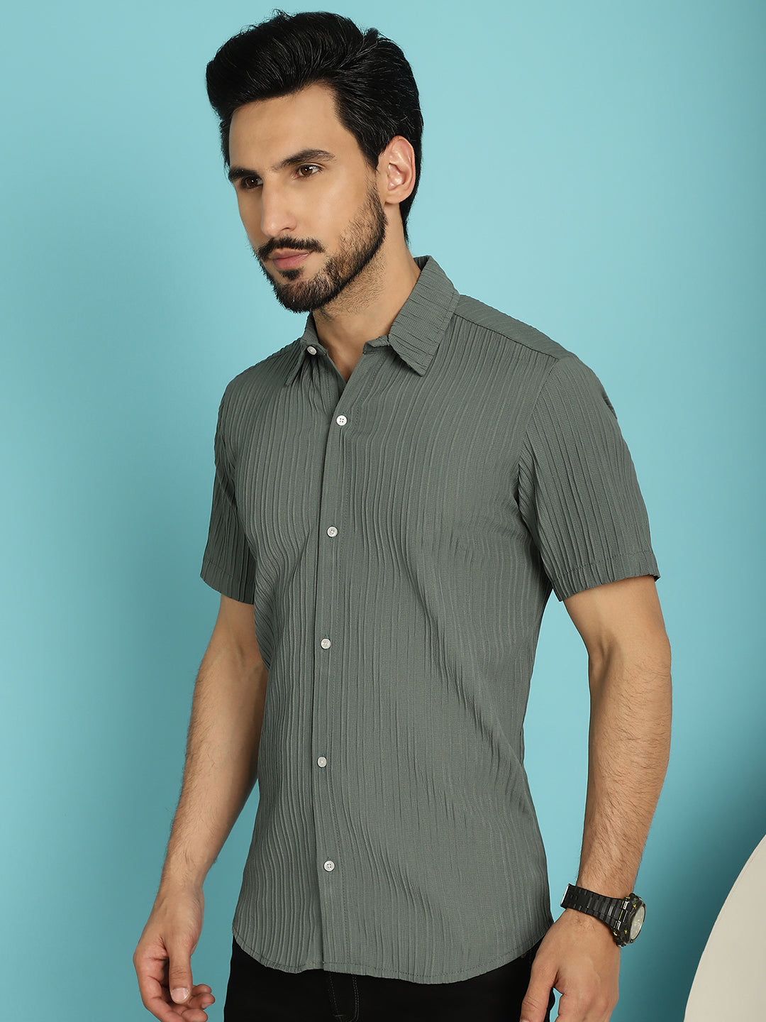 Indian Needle Men's Striped Casual Shirt - Grey | Grocsy