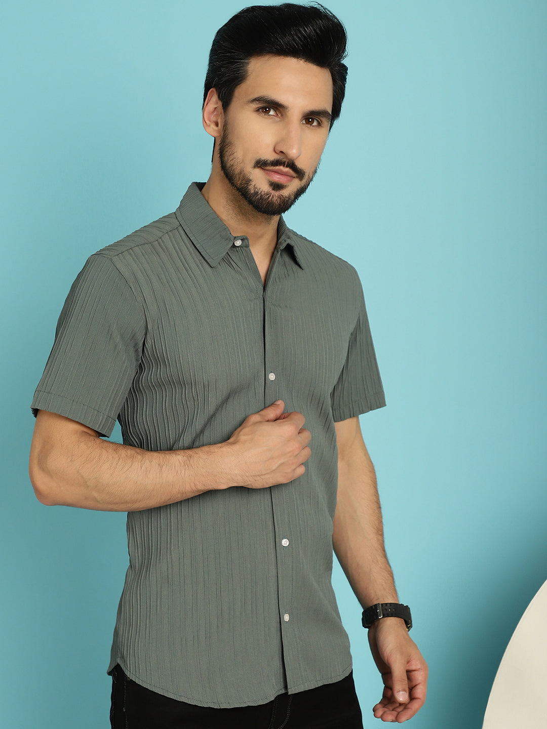 Indian Needle Men's Striped Casual Shirt - Grey | Grocsy