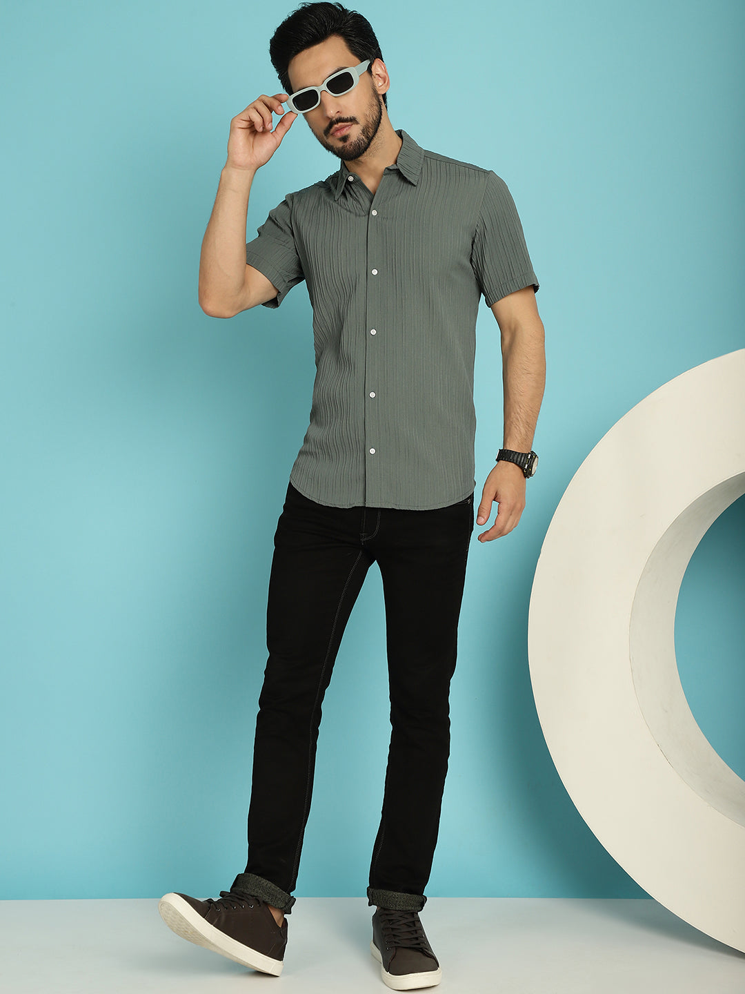 Indian Needle Men's Striped Casual Shirt - Grey | Grocsy