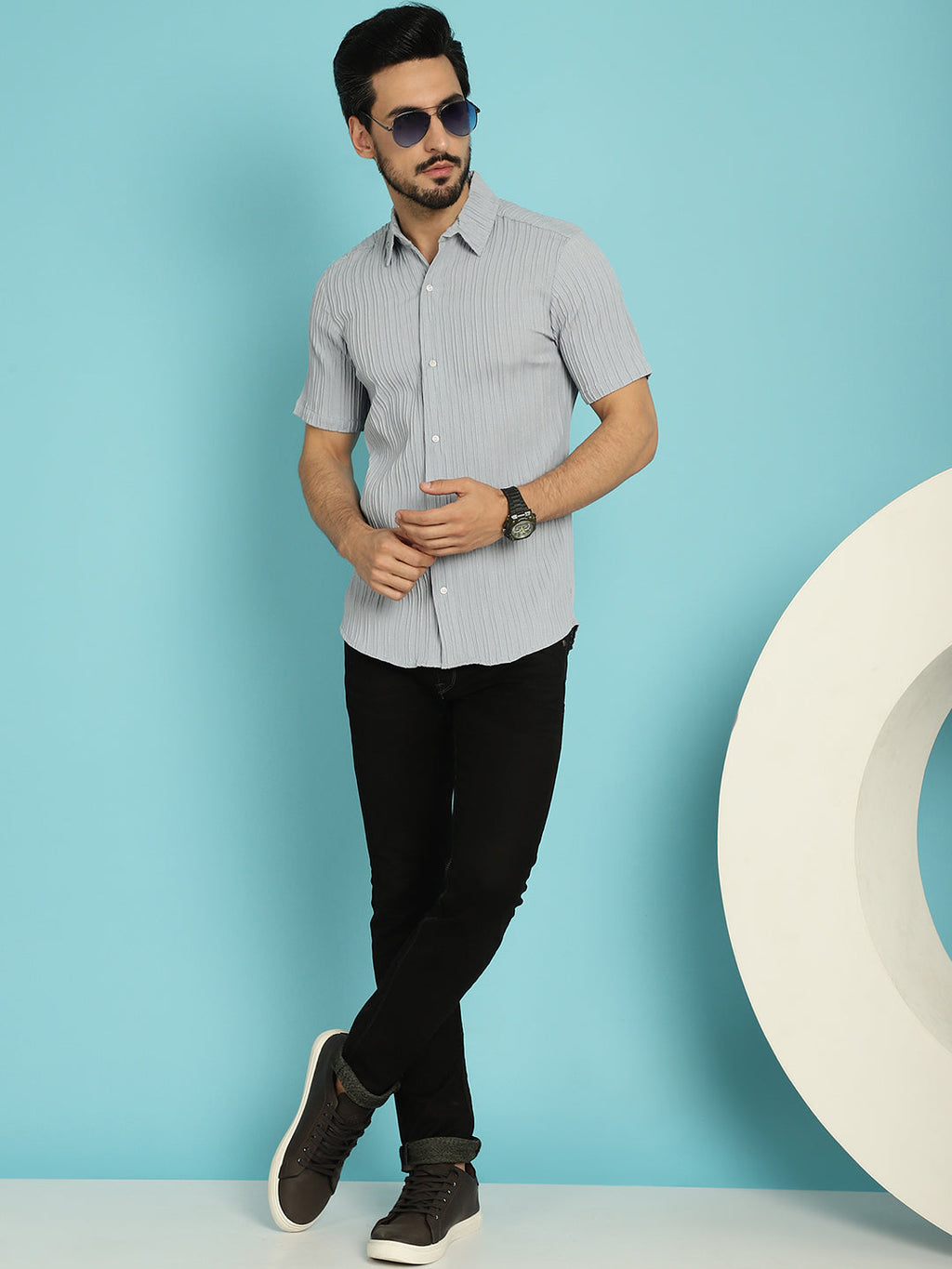 Indian Needle Men's Striped Casual Shirt - Light-Grey | Grocsy
