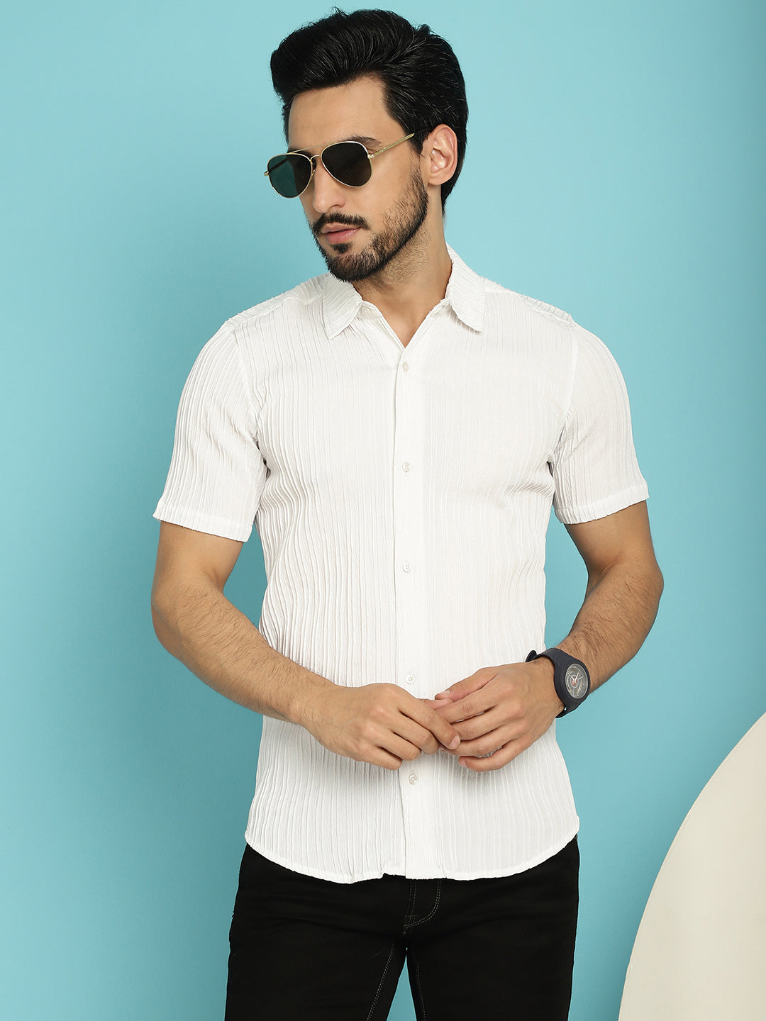 Indian Needle Men's Striped Casual Shirt - White | Grocsy