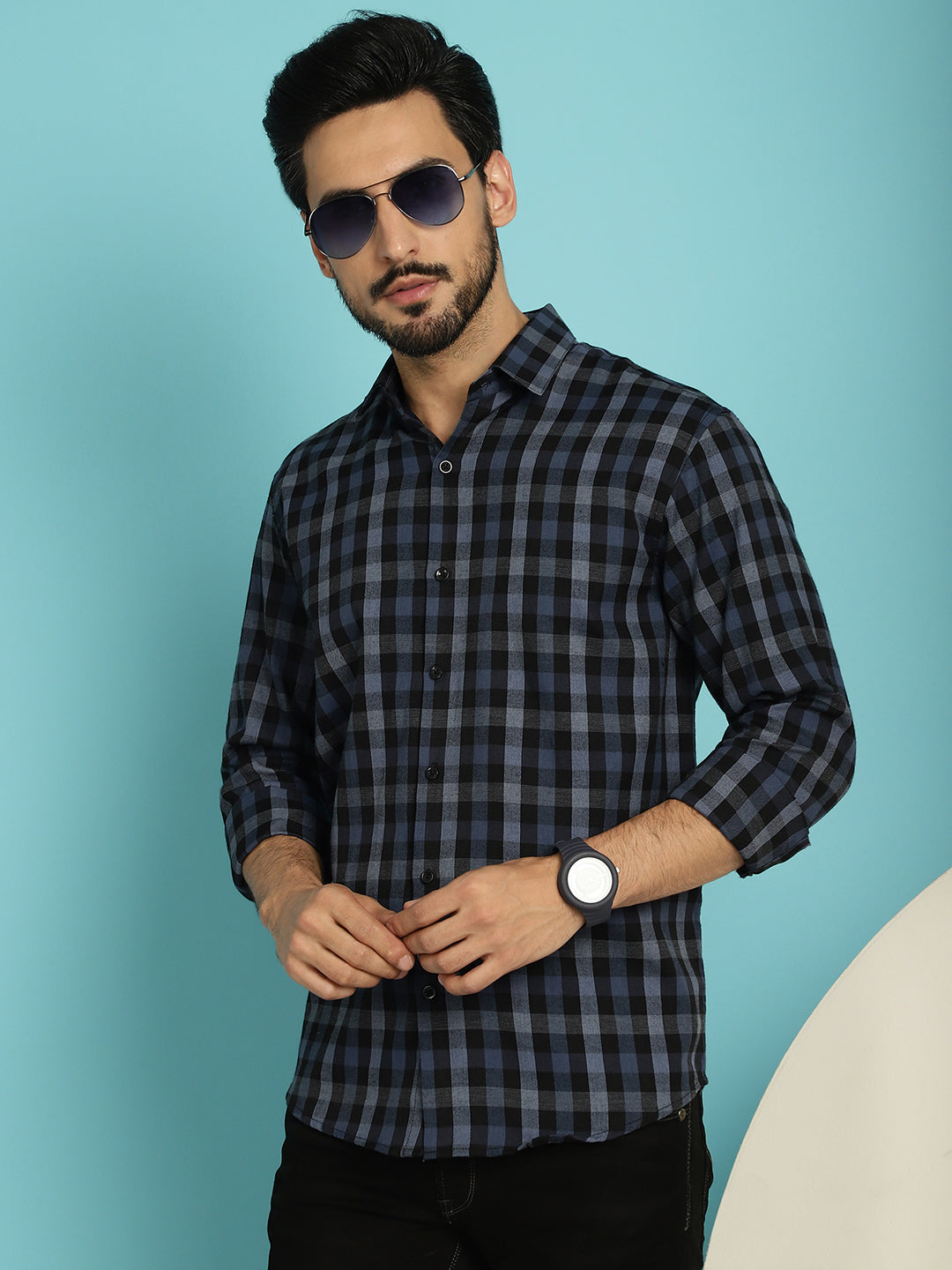 Indian Needle Men's Checked Casual Shirt - Navy Blue | Grocsy
