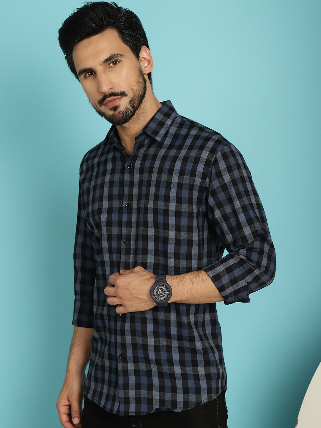 Indian Needle Men's Checked Casual Shirt - Navy Blue | Grocsy