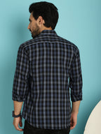 Indian Needle Men's Checked Casual Shirt - Navy Blue | Grocsy