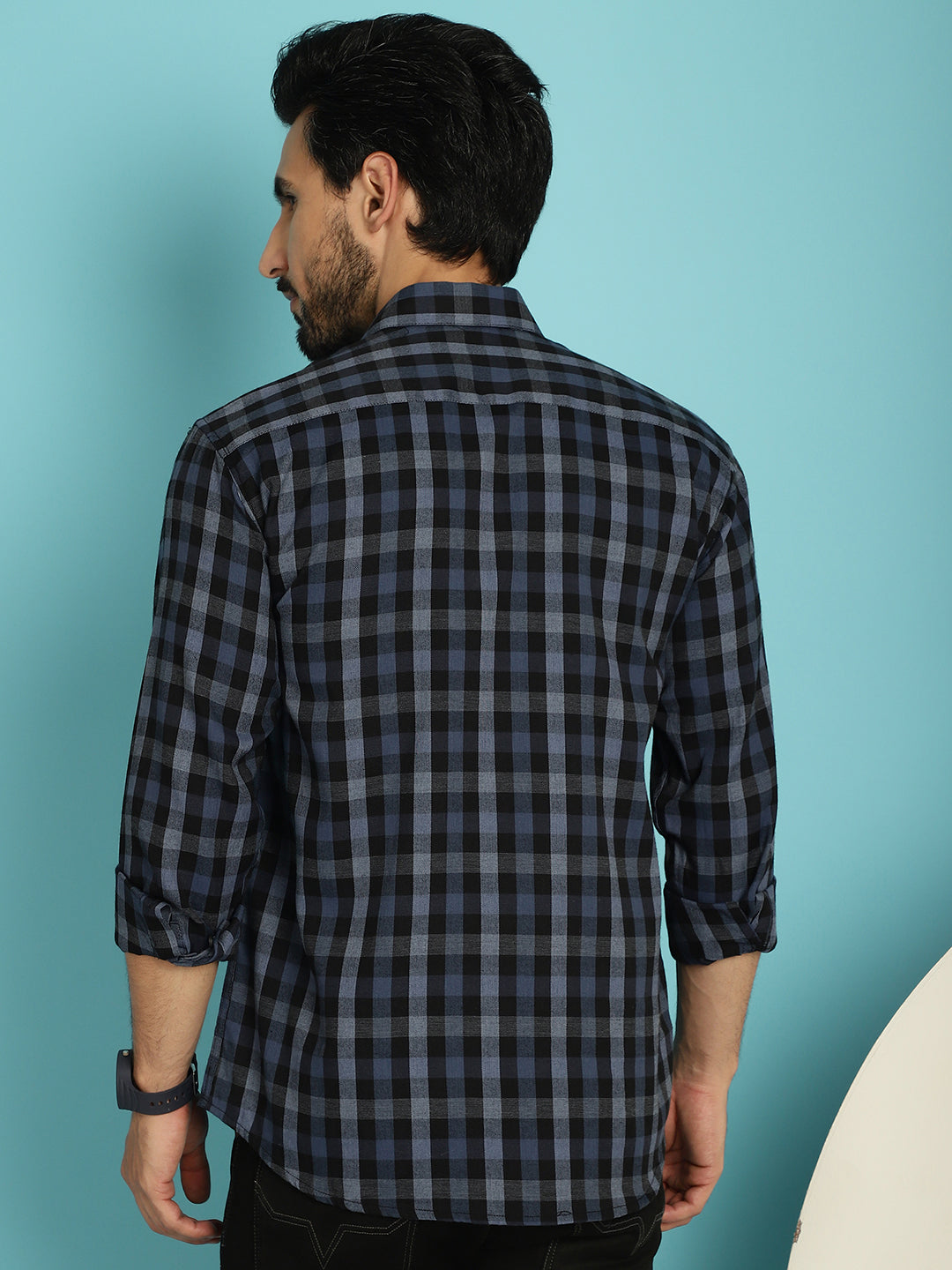 Indian Needle Men's Checked Casual Shirt - Navy Blue | Grocsy