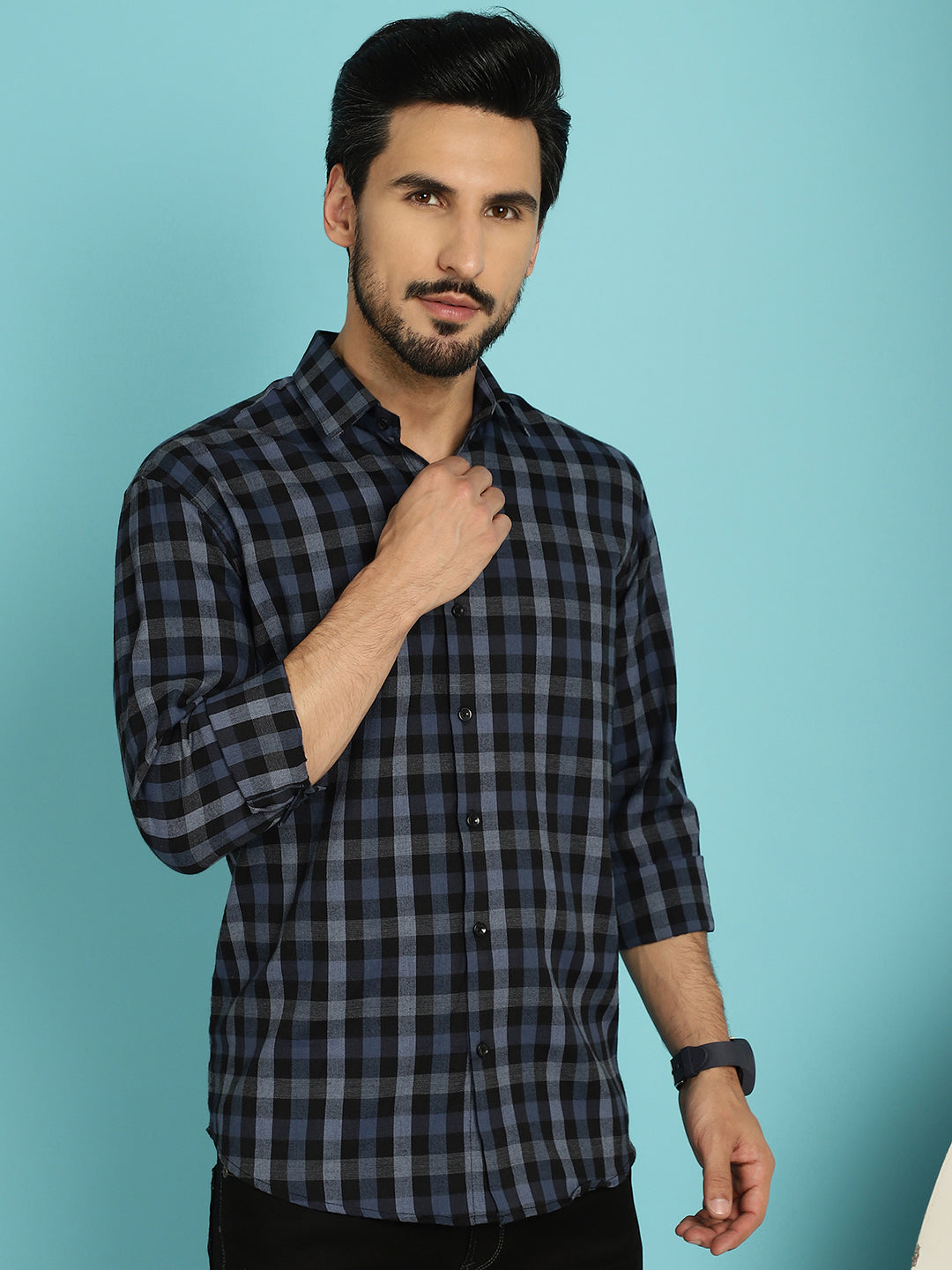 Indian Needle Men's Checked Casual Shirt - Navy Blue | Grocsy