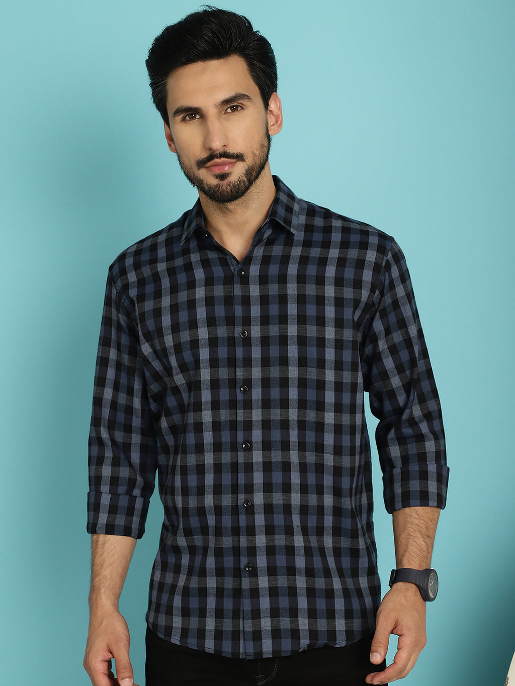 Indian Needle Men's Checked Casual Shirt - Navy Blue | Grocsy