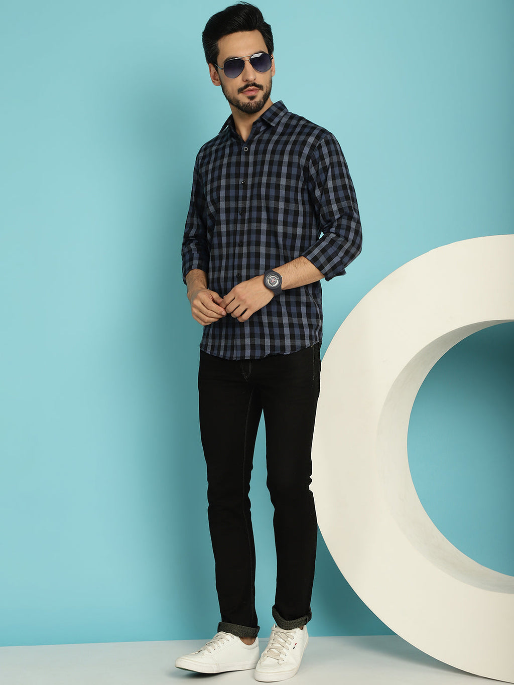 Indian Needle Men's Checked Casual Shirt - Navy Blue | Grocsy